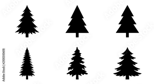 Foto 70 Six Silhouette Christmas Tree Icons, Evergreen Pine Vector Graphics, Winter H