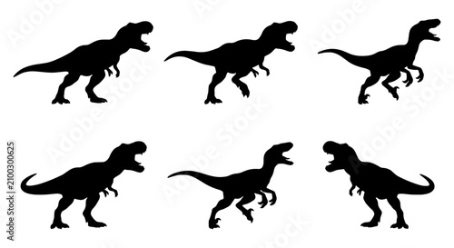 Bild auf Leinwand Six black dinosaur silhouettes in different poses against a white background Vec