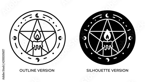 Cuadro en lienzo Mystical Pentacle Emblem: A symbolic representation of a pentacle featuring a candle, celestial moons, and stars, presented in both outline and silhouette versions for versatile design use