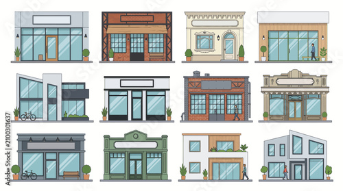 A collection of diverse storefronts and small commercial buildings in various architectural styles, featuring large display windows and inviting entrances.