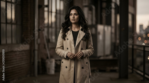 Elegant Fashionable Woman in Trench Coat Standing in Industrial Loft