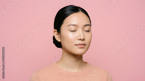 Elegant Asian Beauty Portrait with Closed Eyes on Pink Background