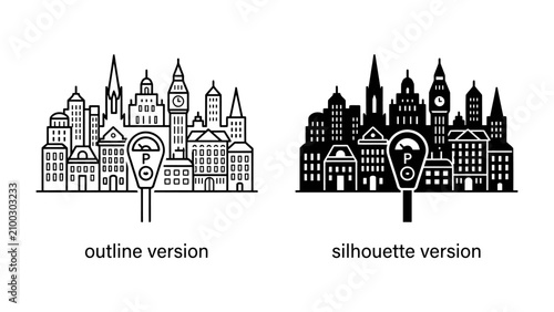 Cityscape with Parking Meter: A stylized depiction of an urban skyline featuring various buildings, with a prominent parking meter in the foreground.