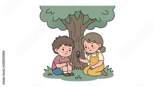 Cuadro en lienzo Kindness Under the Tree: A gentle girl offers a flower to a sad boy sitting under a large tree, illustrating empathy and friendship