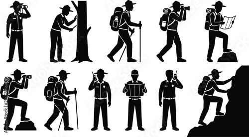 Fotografie Hiking And Park Ranger Silhouettes Black Vector Illustration