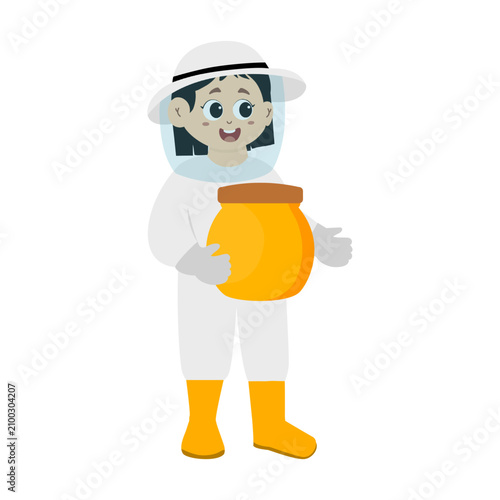 little kid wears complete personal protective clothing to collect honey from the beehive