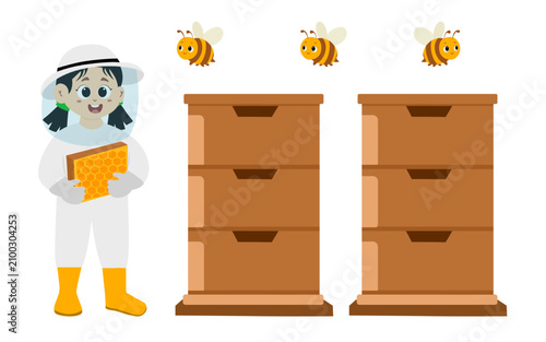 little kid wears complete personal protective clothing to collect honey from the beehive