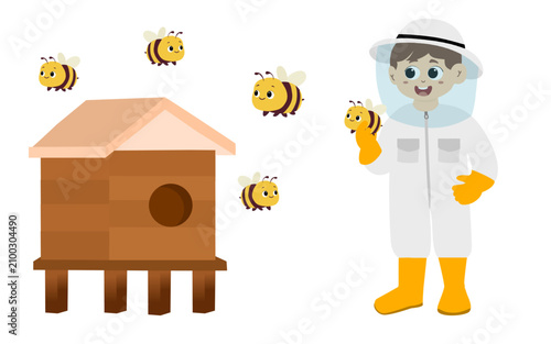 little kid wears complete personal protective clothing to collect honey from the beehive