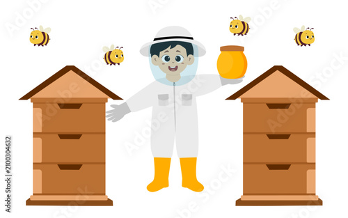 little kid wears complete personal protective clothing to collect honey from the beehive