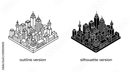 Slika na platnu Cityscape Duo: An isometric view showcases a bustling cityscape in both outline and silhouette, highlighting the architectural diversity and urban landscape