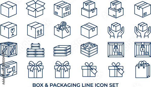 A collection of various boxes and packaging icons are shown in a line icon set.