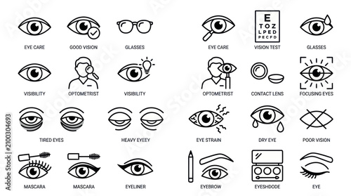 A detailed illustration of various eye care related icons and symbols are shown.