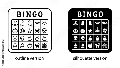 Halloween Bingo Cards: Two distinct bingo cards, one in outline and the other in silhouette, feature spooky Halloween-themed icons, perfect for festive game night.