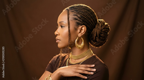 Elegant Beauty Portrait of Black Woman with Braids and Gold Jewelry