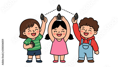 Konstfotografi Children and Seeds: Three joyful children hold up seeds, symbolizing growth and potential, in a fun and educational illustration about nature and planting