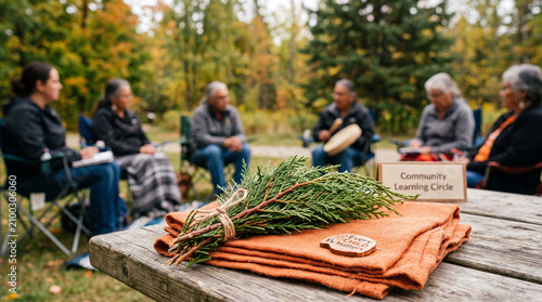 Dried Thuja occidentalis cedar branch tied with hemp rope on a folded orange fabric on a wooden table with a blurred background of people sitting in a circle.