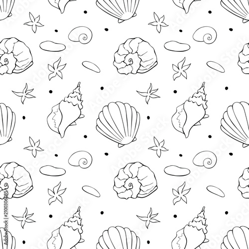 Outline Sea shells seamless pattern. Marine background with shellfishes, sinks, pebbles and starfishes. Beach holiday theme. Hand draw design for wrapping paper, wallpaper, coloring book