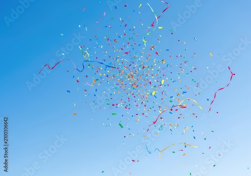 Vibrant multicolored confetti drifts gracefully through a bright blue sky, creating a joyful and festive atmosphere for any celebration, party, paper, sky