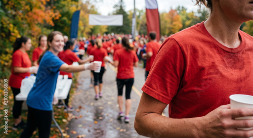 A volunteer in a blue t-shirt hands out mineral water in plastic cups to marathon runners in red t-shirts during autumn