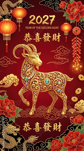 Chinese Zodiac Goat 2027, Lucky Goat New Year, Goat Year Prosperity, Golden Goat Illustration for Chinese New Year 2027
