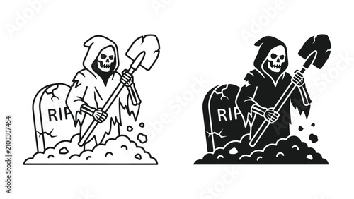 Foto Grim Reaper Digging Grave: The Grim Reaper, a cloaked skeletal figure, stands in freshly dug earth next to a tombstone marked RIP, shovel in hand, ready for the next soul