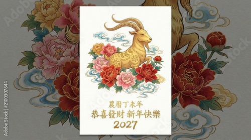Chinese Zodiac Goat 2027, Lucky Goat New Year, Goat Year Prosperity, Elegant Golden Goat Illustration for New Year Celebration