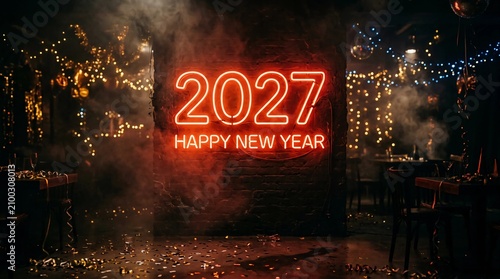 2027 Happy New Year neon sign, festive decorations, nightclub celebration, red lights