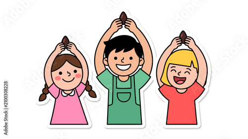 Fotografi Three Children Holding Chocolate: A happy trio of diverse children, two girls and one boy, joyfully hold up chocolate treats, symbolizing a sweet moment of childhood delight