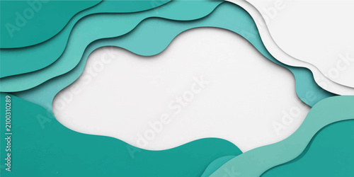 Modern paper cut background with wavy turquoise and white fluid layers for creative graphic layout design