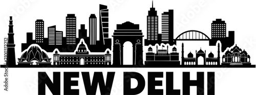 New Delhi City Skyline Silhouette Vector Illustration Featuring Famous Landmarks and Urban Architecture