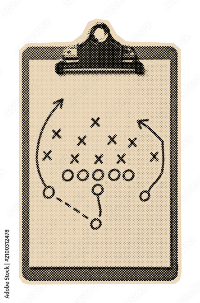 Fototapeta premium Coach's clipboard showing an American football play diagram in a retro halftone and engraving pop art style