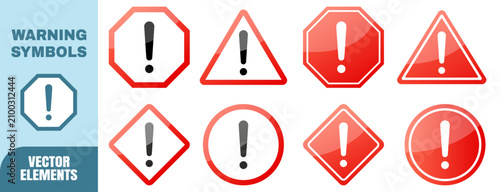 фотографія Collection of warning symbols with exclamation marks in various shapes including octagon, triangle, diamond, and circle