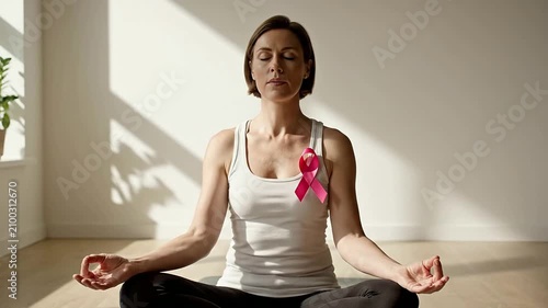 Woman Practicing Yoga with Pink Ribbon for Breast Cancer Awareness in Sunlit Studio
