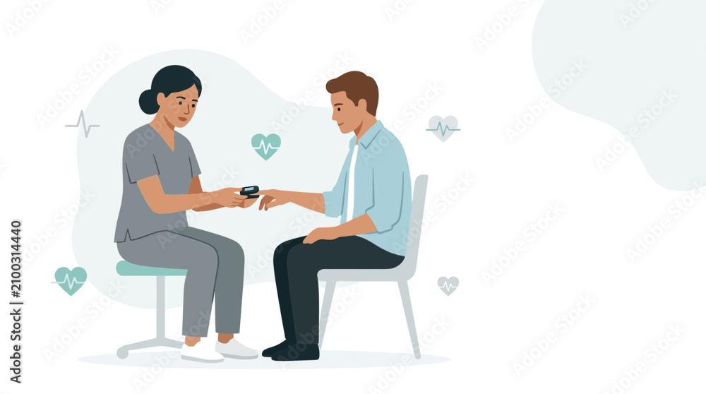 Fototapeta premium Nurse measures patient's oxygen saturation with pulse oximeter, healthcare illustration