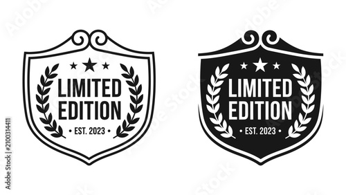 фотографія Limited Edition Emblem: Two shield-shaped emblems, one in outline and one in solid black, featuring laurel wreaths and stars, proudly display LIMITED EDITION EST