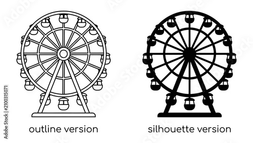 Ferris Wheel Icon Set: Clean outline and bold silhouette vector illustration of a classic amusement park ferris wheel, representing carnival fun, leisure, and entertainment.