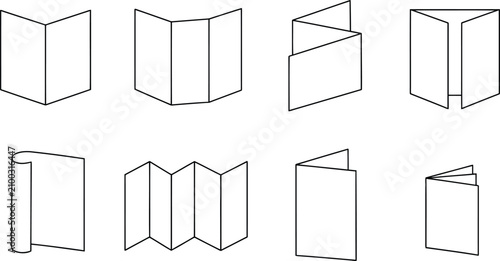 Set of various paper folding styles for brochures and booklets in black line art style