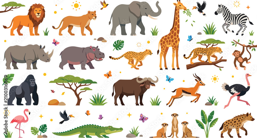 Naklejka premium African Safari Animals Big Bundle Collection with Wild Savannah Wildlife Elements, Lion, Giraffe, Elephant, Cheetah, and Zebra Cartoon Vector Illustration Set for Kids