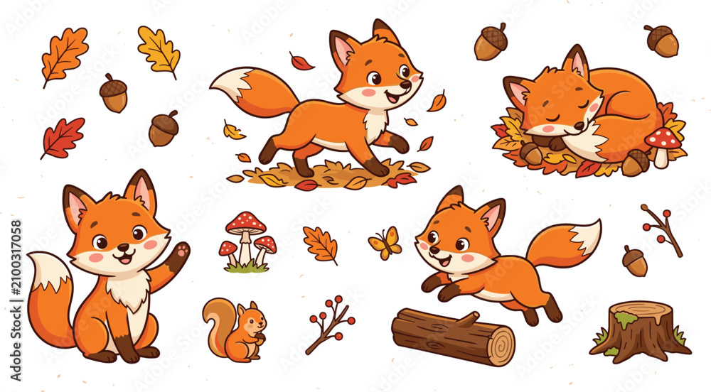 Fototapeta premium Cute Autumn Fox Character Set with Little Squirrel, Mushrooms, Acorns, Fallen Oak Leaves, and Woodland Elements for Fall Season Greeting Card Vector Illustration