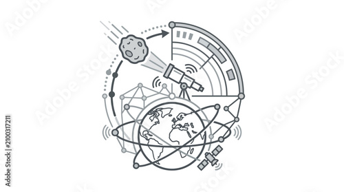 Professional Black and White Line Drawing of Space Surveillance and Satellite Network Around Earth