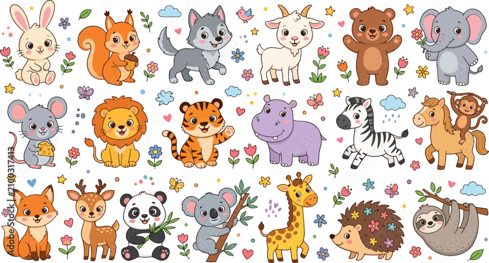 Obraz premium Happy Wild Baby Animals Big Bundle with Rabbit, Wolf, Elephant, Tiger, Giraffe, Sloth, and Hedgehog Cartoon Vector Sticker Collection for Kids Educational Prints