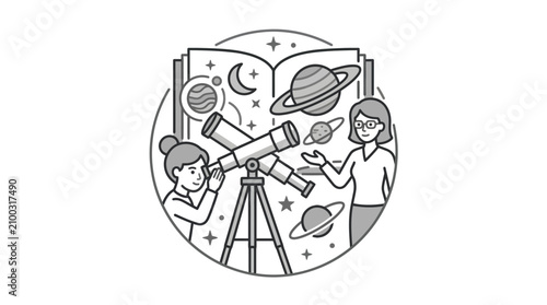 Corporate of Astronomy Education Two People Using a Telescope Amidst Celestial Bodies in Minimalist Style