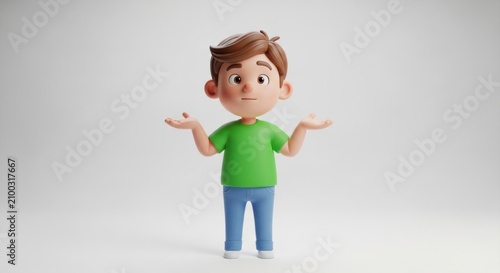 3D cartoon boy shrugging in confusion