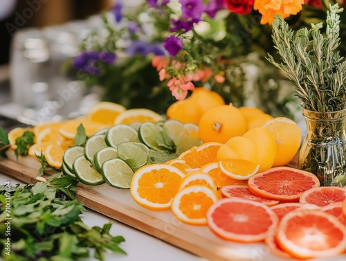 Creative cocktail preparation scene featuring a garnish board with fresh citrus slices highlighting drink styling and vibrant mixology ingredients