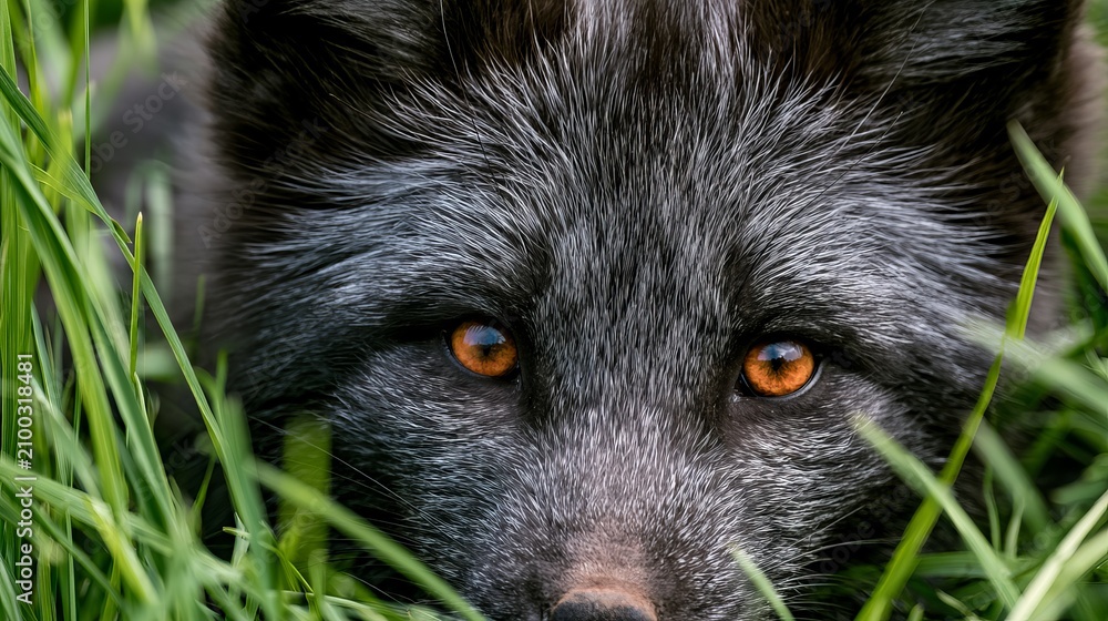 Fototapeta premium Young silver fox peeks from green grass.