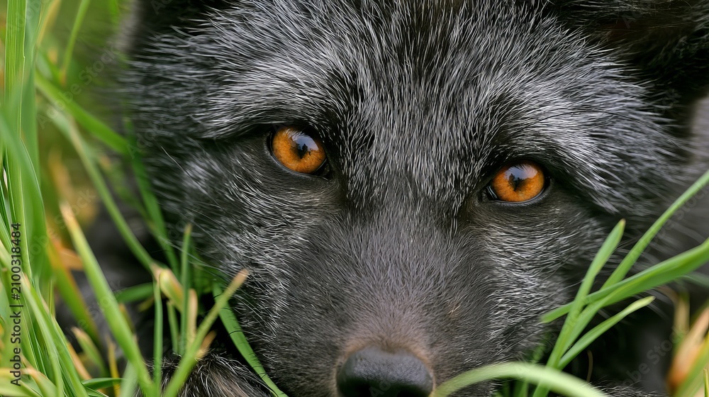 Fototapeta premium Young silver fox peeks from green grass.