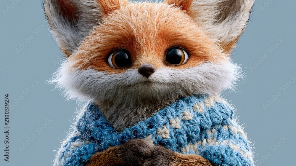 Fototapeta premium Small, charming fox wears a blue sweater.