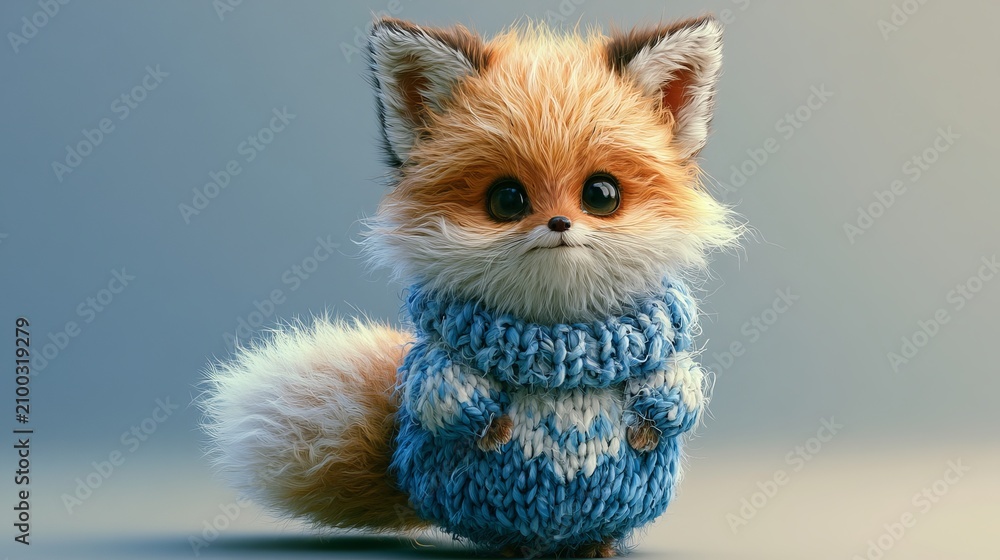 Fototapeta premium Small, charming fox wears a blue sweater.