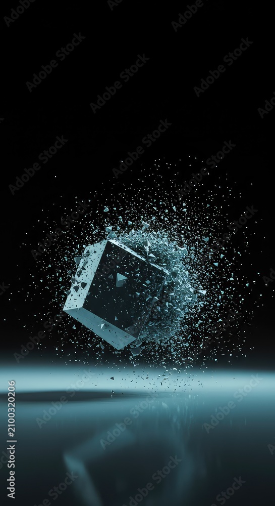 Obraz premium A geometric solid slowly disintegrating into scattered particles, representing the inevitable progression of increasing randomness and disorder, inevitable, physics, pattern