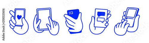 Vector illustration in doodle line style, mascot and character hands holding smartphones with apps, digital  screens, using mobile apps, chats, social media, mail and video call applications